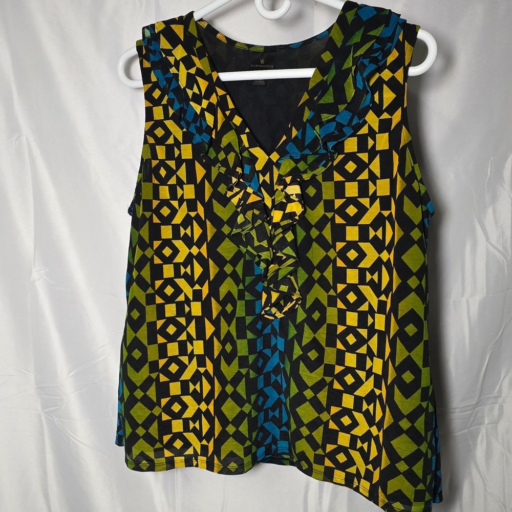 Worthington Womens Geometric Ruffle V-Neck Sleeveless Blouse M artsy summer